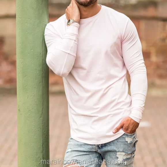 95% Cotton 5% Elastane Mens Long Sleeve Fitted T-Shirt Elongated Gym T Shirt Longline Curved Hem T Shirt OEM