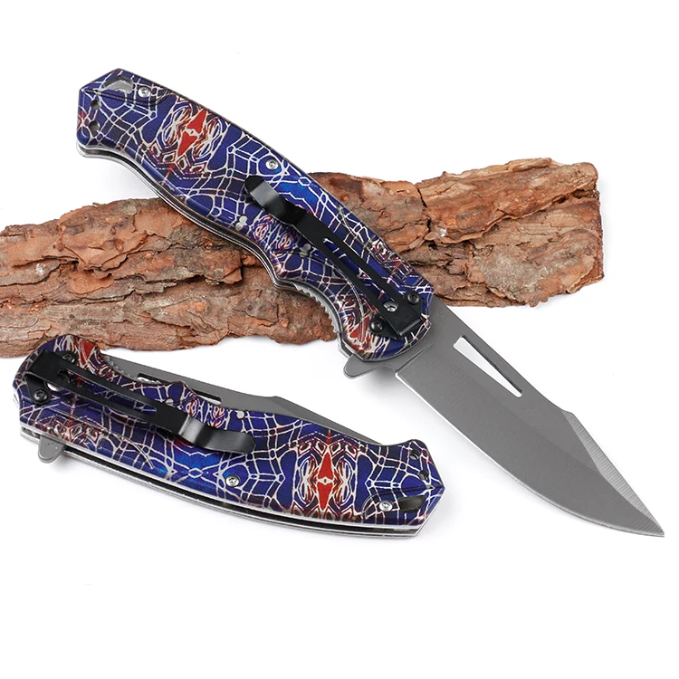 
440C stainless steel folding pocket knife camping knife with 3D printing pattern handle 