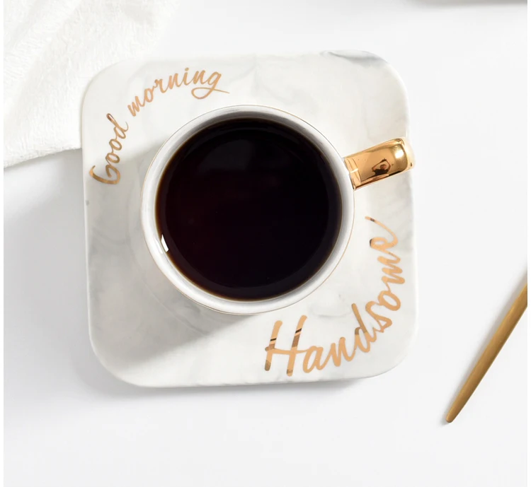 
Personalized gold rim ceramic marble coffee cup with saucer 