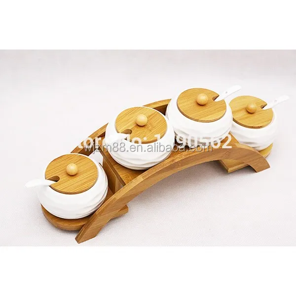 hot selling herb & spice tools set, ceramic spice & salt jars with bamboo racks, seasoning set wholesale