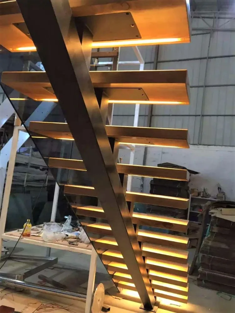 
lighted solid wood ladder staircase glass railing designs 