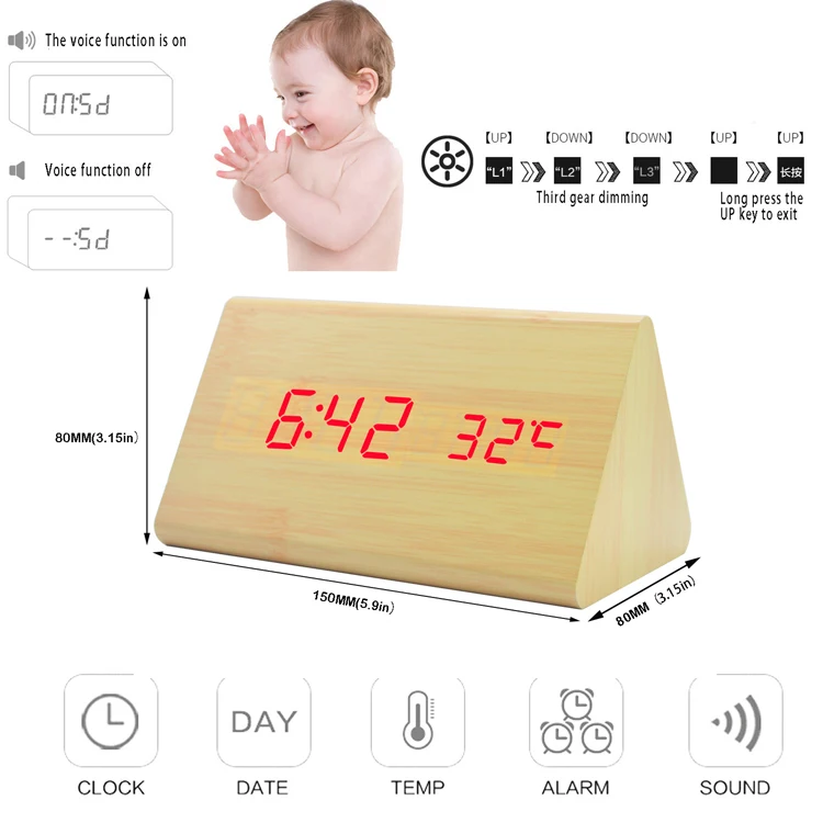 Chinese Home Deco Voice Control Electronic Digital Wood Alarm Clock