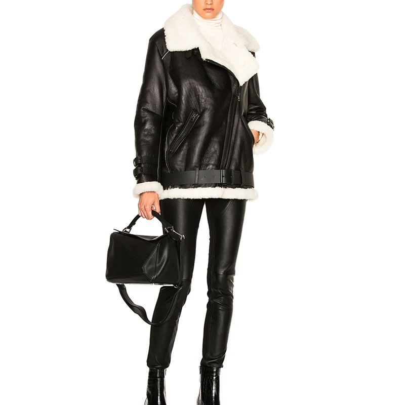 Wholesale Trendy Winter Faux Fur Shearling Coat Fur Lining Women Leather Coat