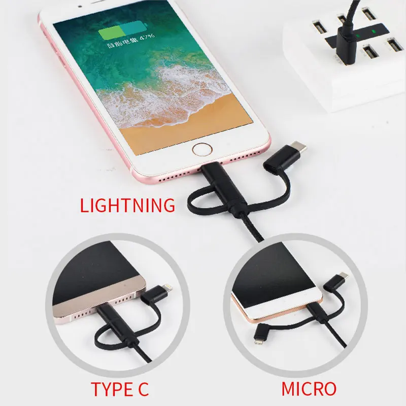 3B5A Nylon Braided 3in1 Mobile Phone USB Fast Charger Data Cable Type C Micro USB MFI Certified with Lighting for Iphone Apple