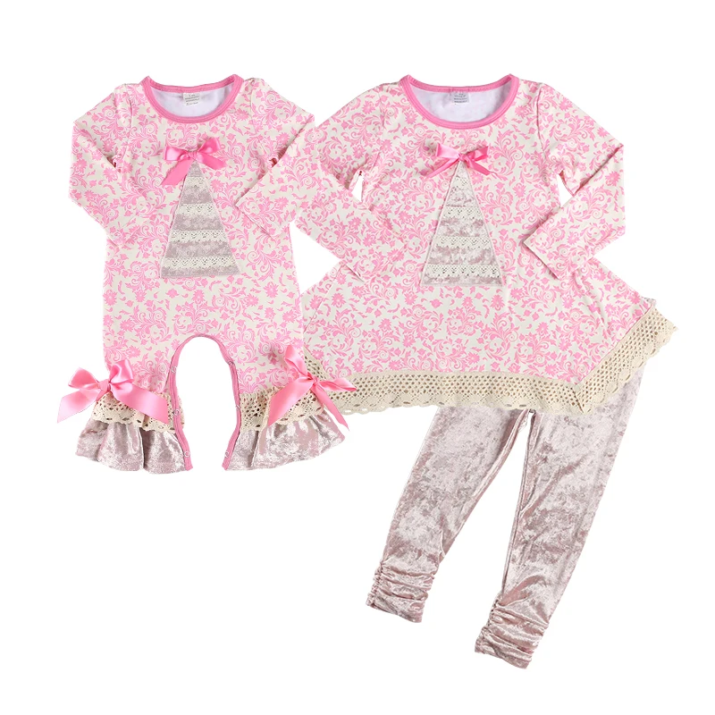 Girls Winter Boutique Clothing Wholesale Velvet Tree Applique Kids Christmas Outfits