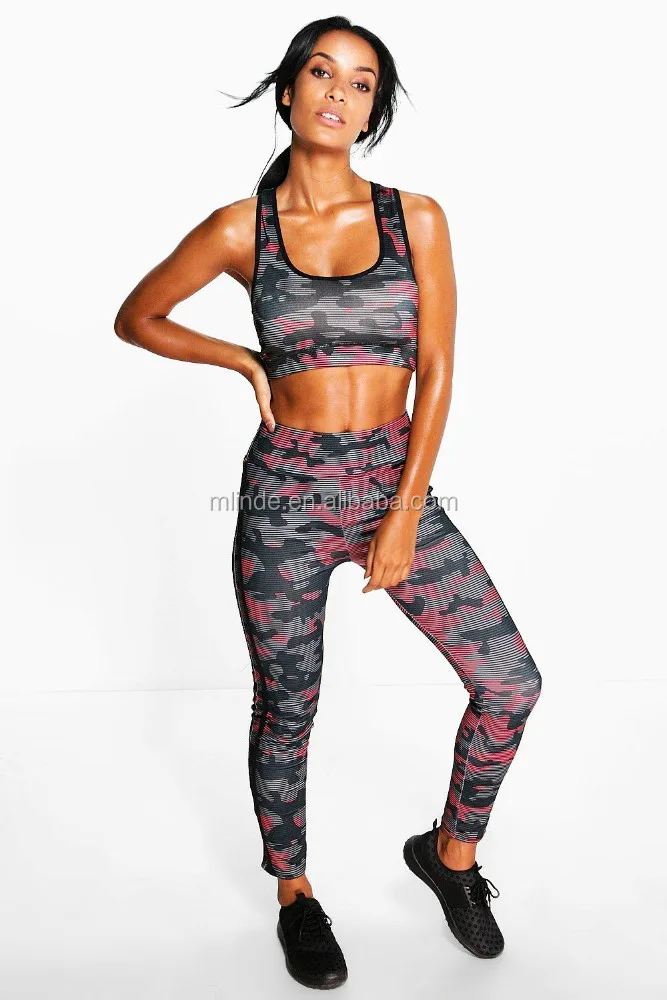 Camo Print Sports Crop Tops And Running Leggings Set Fashion Women Leggings And Tops