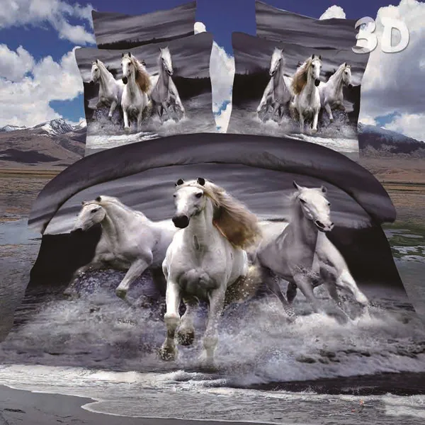 
European Style 3D Running White Horse 100% Polyester Bedclothes With Pillowcase Quilt Cover , Bed Sheet Set , Bedding Set 