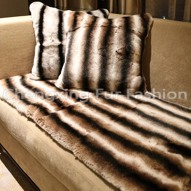 CX-D-128B Handmade Luxury Home Decoration Chinchilla Fur Throw Rug Real Rex Rabbit Fur Blanket