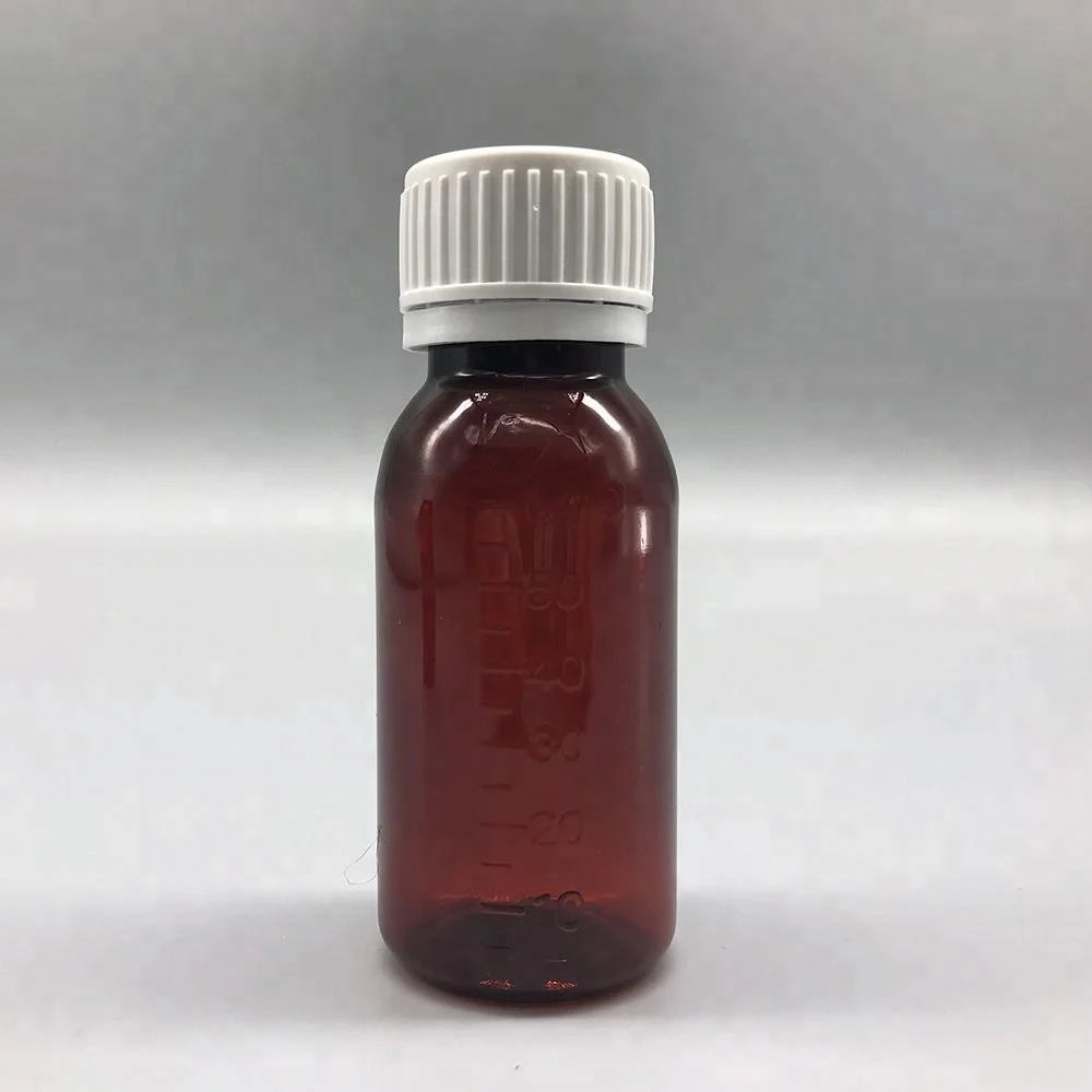 Medical Packaging 60ml amber plastic cough syrup bottle with striped cap