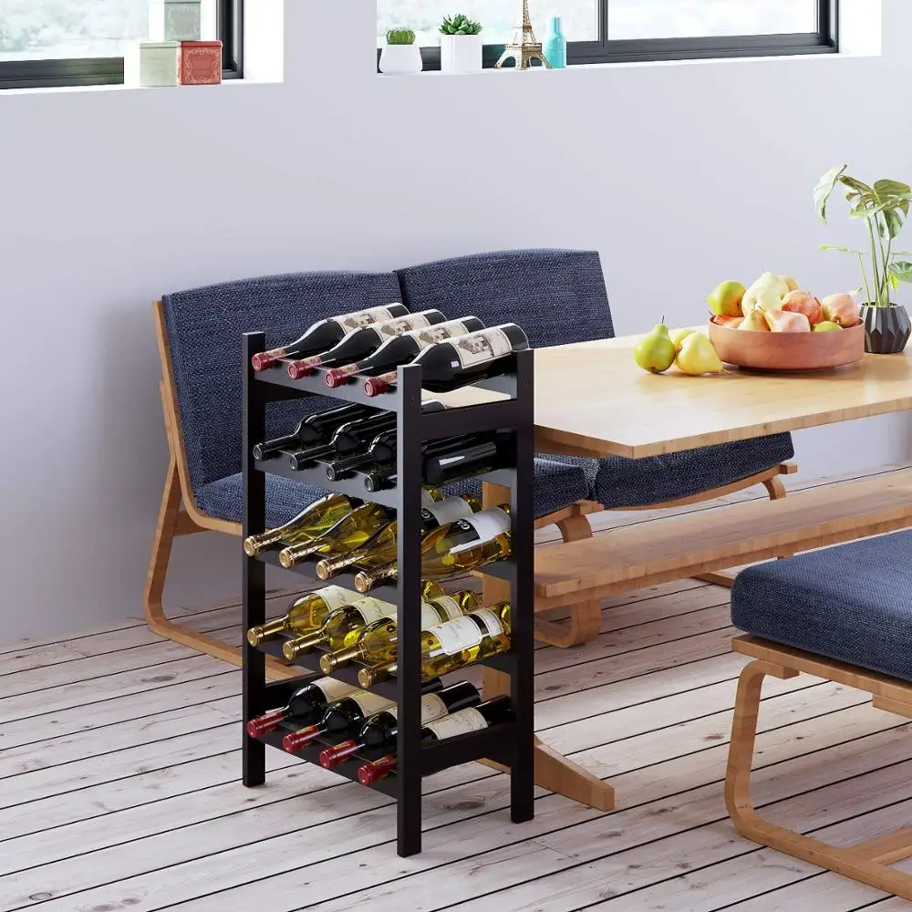 20 Bamboo Wine Display Bottles Storage Rack Free Standing with 5-Tier Shelf Wobble-Free