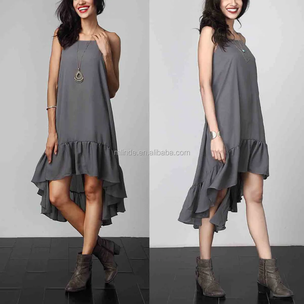 
CUSTOM Sexy Strappy Latest Korean Designs Women Gray Chiffon Ruffle-Hem Hi-Low Midi Dress for Women Party Wearing Clothing 