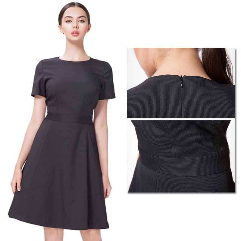 Latest elegant women office dress patterns a Line striped delicate cut zipper center back office dress for ladies
