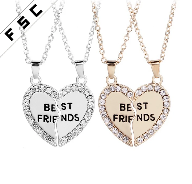 Best Friends Forever Jewelry 2 Parts Silver Gold Plated Broken Heart Crystal Pendant Alloy Necklace for Women