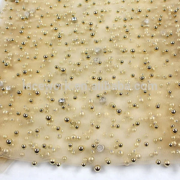 latest fashion french crystal beaded pearl lace fabric for wedding dress