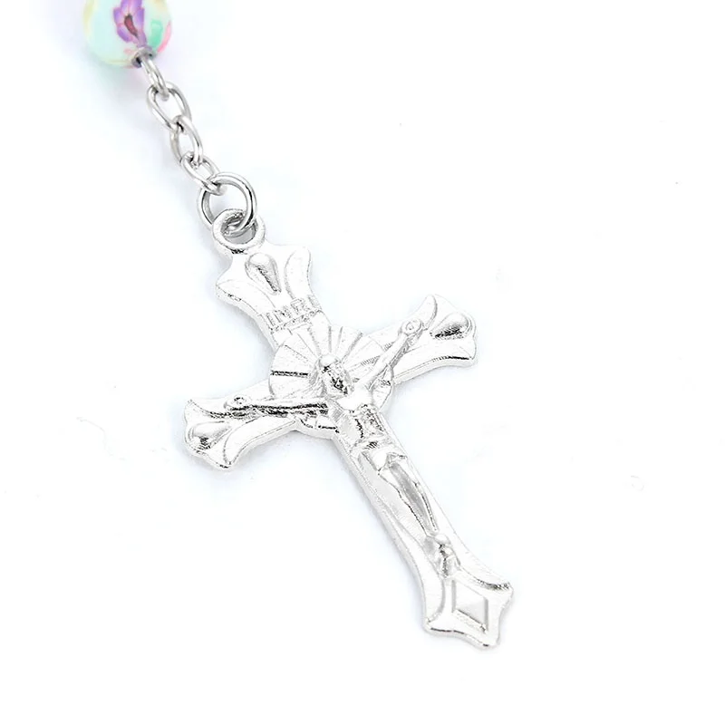 8mm Colorful Polymer Clay Bead Rosary Pendant Necklace Alloy Cross Virgin Mary Christian Catholic Religious Jewelry
