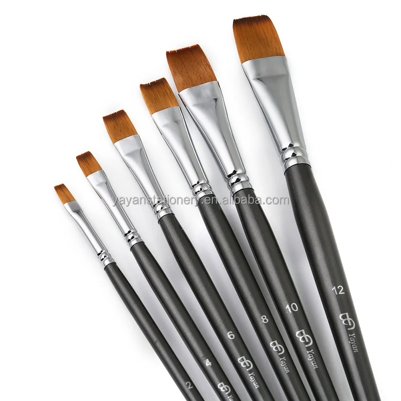 High Quality 6PCS Flat Korea Synthetic Nylon Wooden Handle Acrylic Paint Brushes