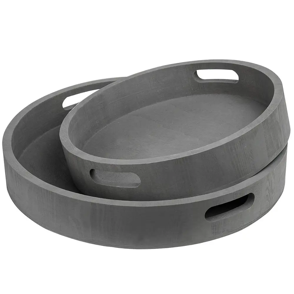 Round Nesting Charcoal Gray Wood Serving Trays Set of 2