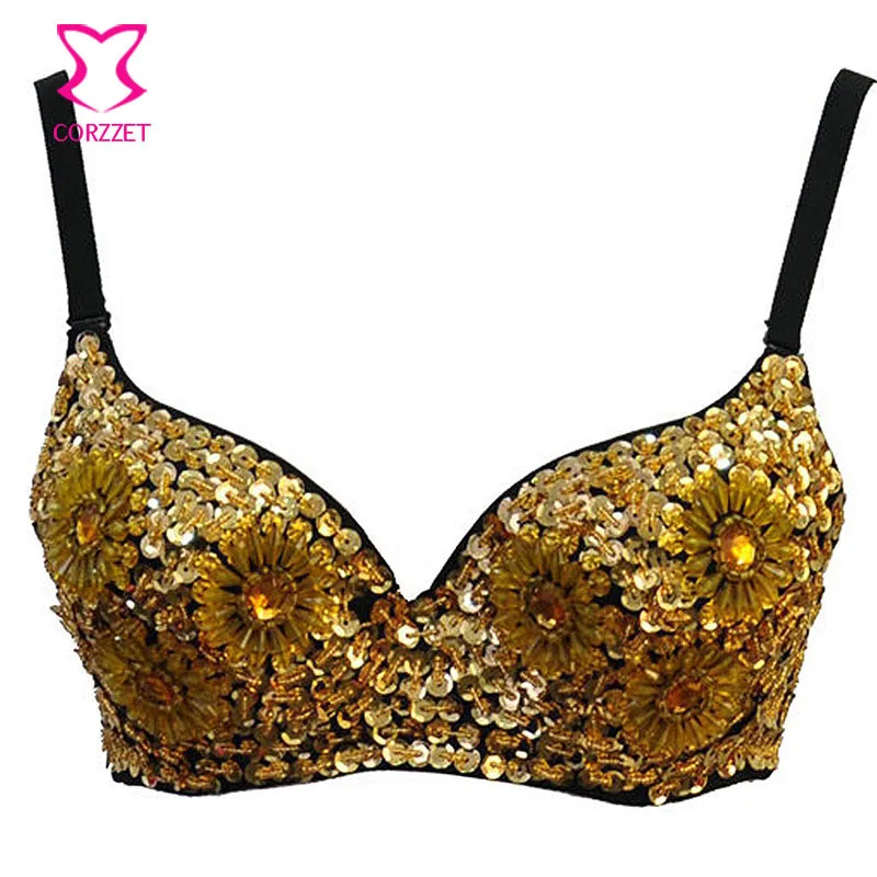 Corzzet Gold Resin Sequined Punk Rock Bra Sexy Women Underwear Party Dance Bra