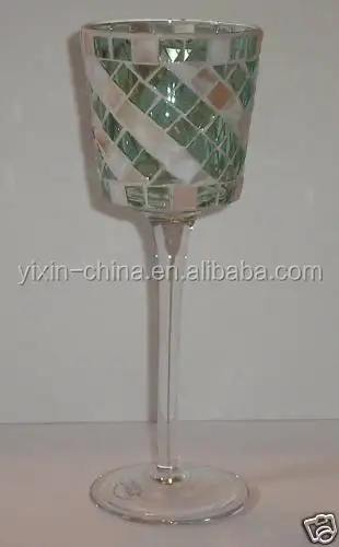Silvery Mosaic Crackle Mirrored Glass Goblet Candle Holder