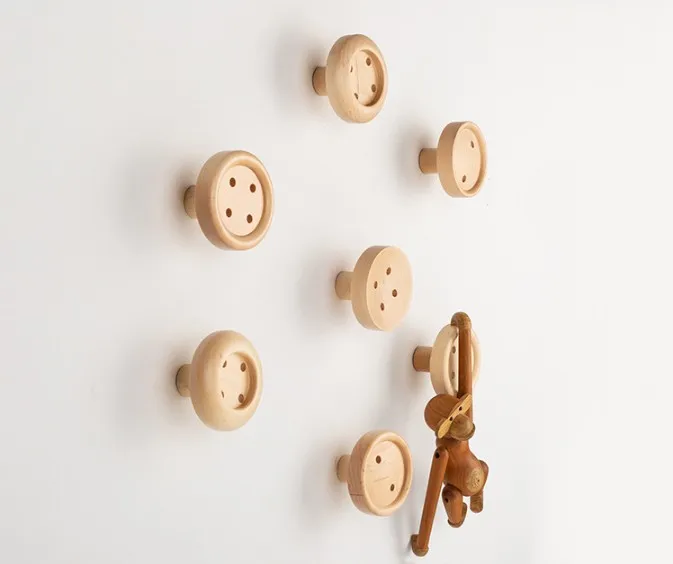 Wood button hook creative wooden hook traceless wall hanging coat and hat hook