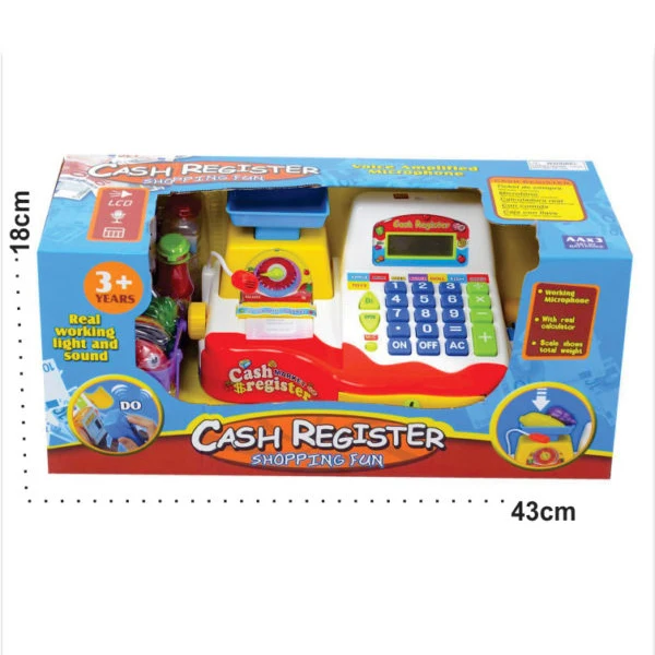 Supermarket Cash Register Play Set with Checkout Scanner, Weight Scale, Microphone, Calculator, Play Money, and Food
