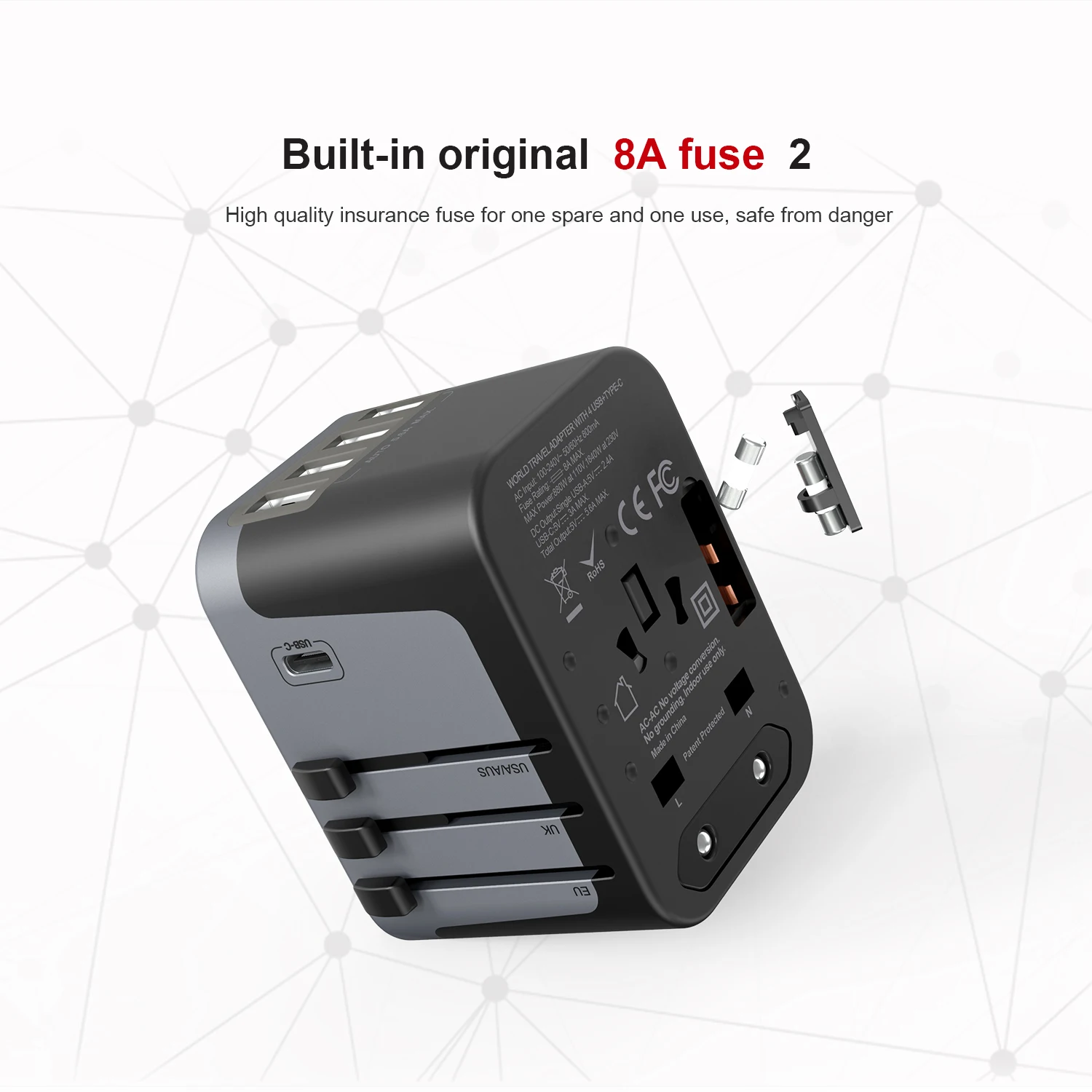 
Wontravel universal travel adapter AC power adaptor multi plug socket Type C quick charger 