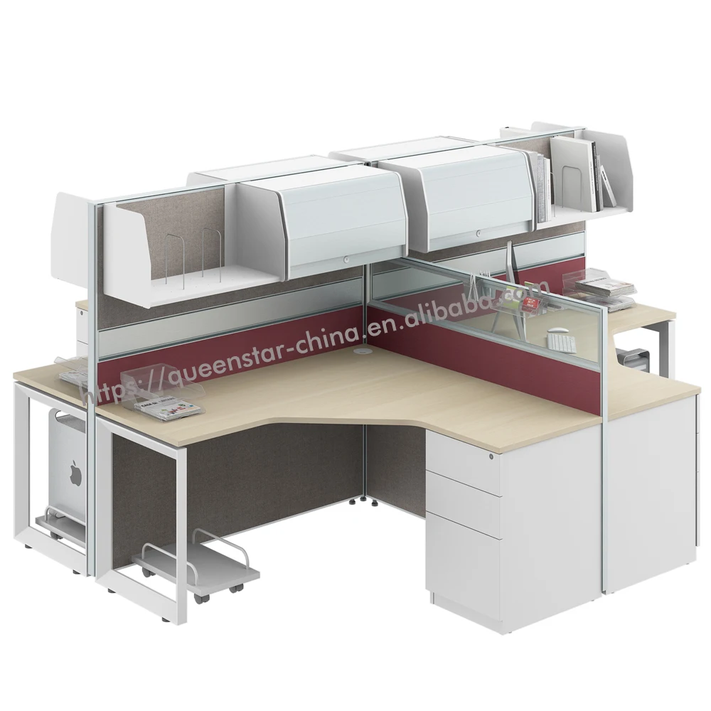 
QS-J11 L shape clusters of two office workstation office partition with overhead storage cabinet and hanging shelf 