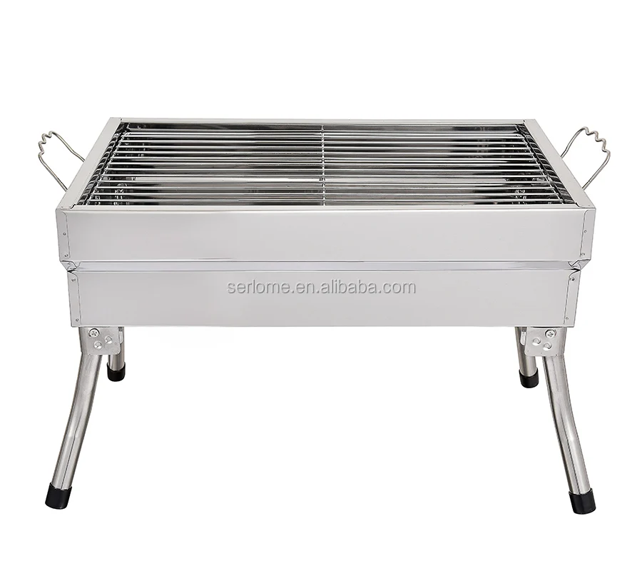 Square Classic Foldable Picnic Travel Garden Party Silver White Stainless Steel Rotisserie Large Charcoal Kebab BBQ Grill