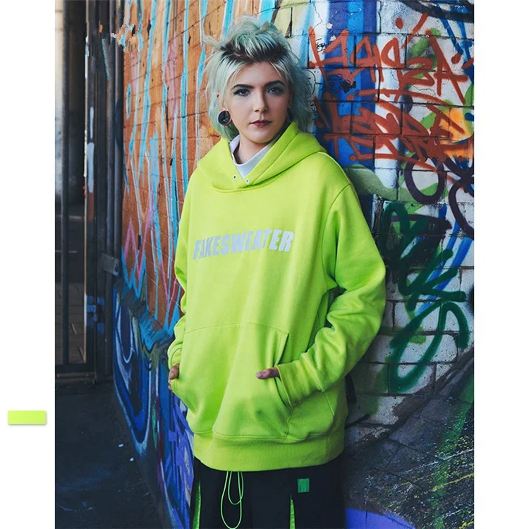 Fashion custom reflective/printing glow in the night neon color 100% cotton fleece terry style pullover hoodies/ hoody OEM