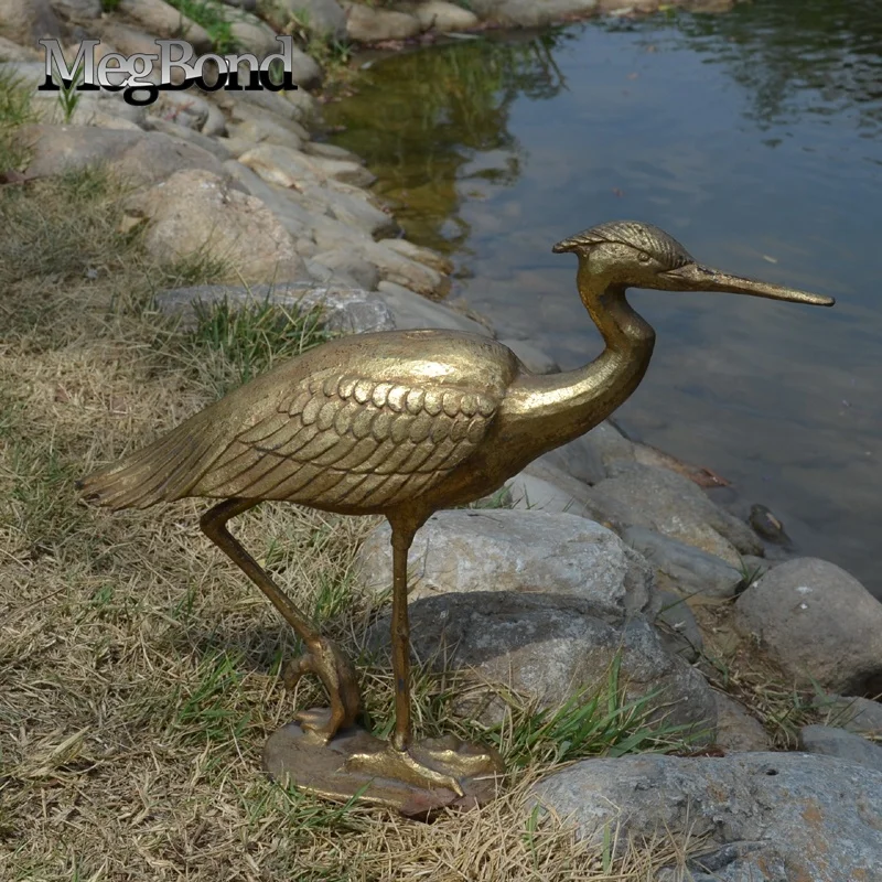 3D Garden egret bird statues figurine in antique gold finish