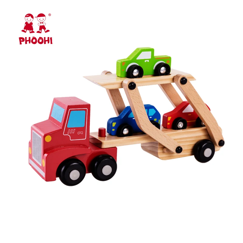 Kids play educational vehicle children wooden racing car carrier truck toy with 3 cars