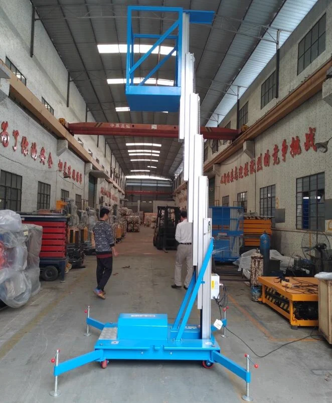 Factory Direct Sell Mobile Elevated Lift Platform 125kg Aluminum Aerial Work Platform 0.62m-1.58m Table Size Single Mast Blue