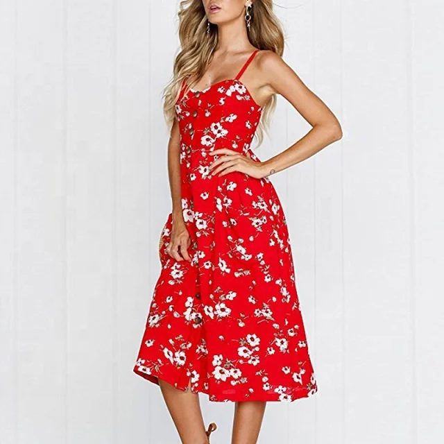 Wholesale Summer Women Casual Backless With Pocket Dresses 2018 Sexy Deep V Spaghetti Straps Holiday Middle Beach Dress