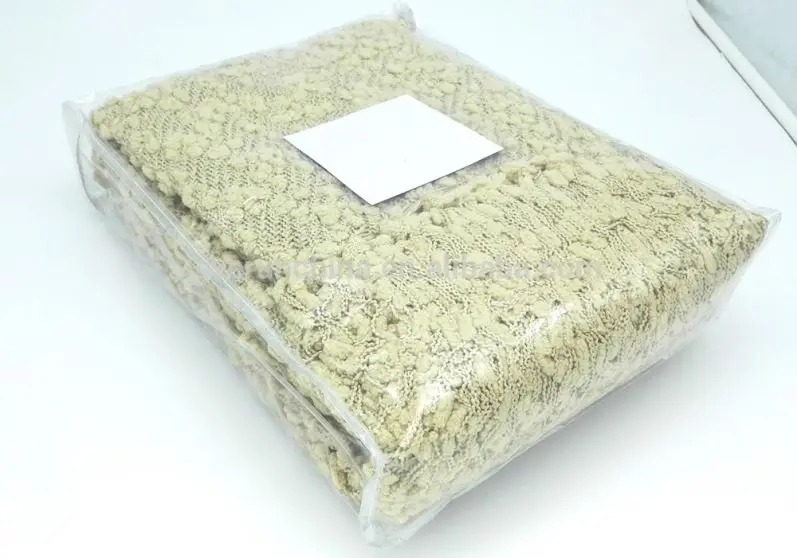 acrylic fashion pompon machine woven plaid throw blanket,with fringe,stock in white and camel color