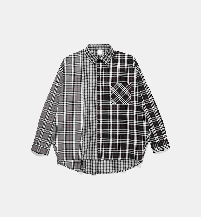 Chic streetwear three styles cut and sew checked shirt men Oversized curved hem button up shirts
