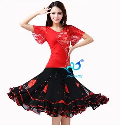Ballroom Dance Costume Set Waltz Rumba Latin Stage Performance Wear Competition Tops& Skirt Flower Patterns Tango Cha Cha