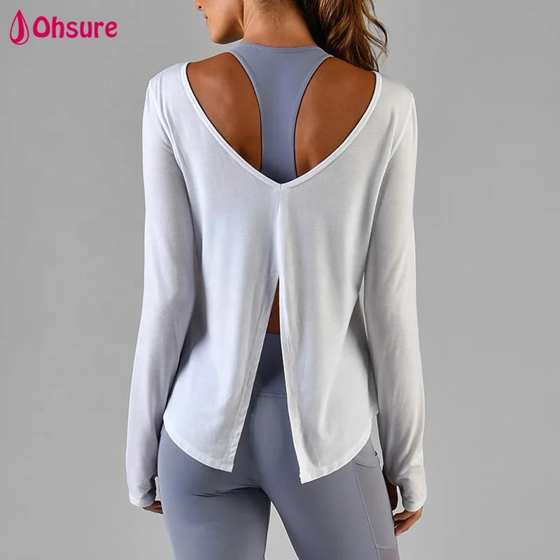 
OEM V-back long sleeve tee open back nude fitness active top womens back tie tshirt yoga dancing T-shirts 
