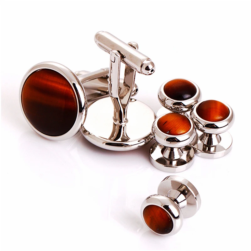 TIGERS EYE CUFFLINK SET FORMAL SET IN SILVER