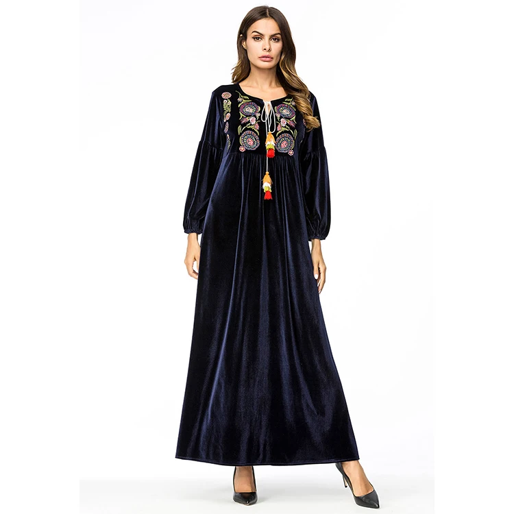 Hot sale dark blue long sleeve islamic velvet maxi dress winter clothes for muslim women abaya