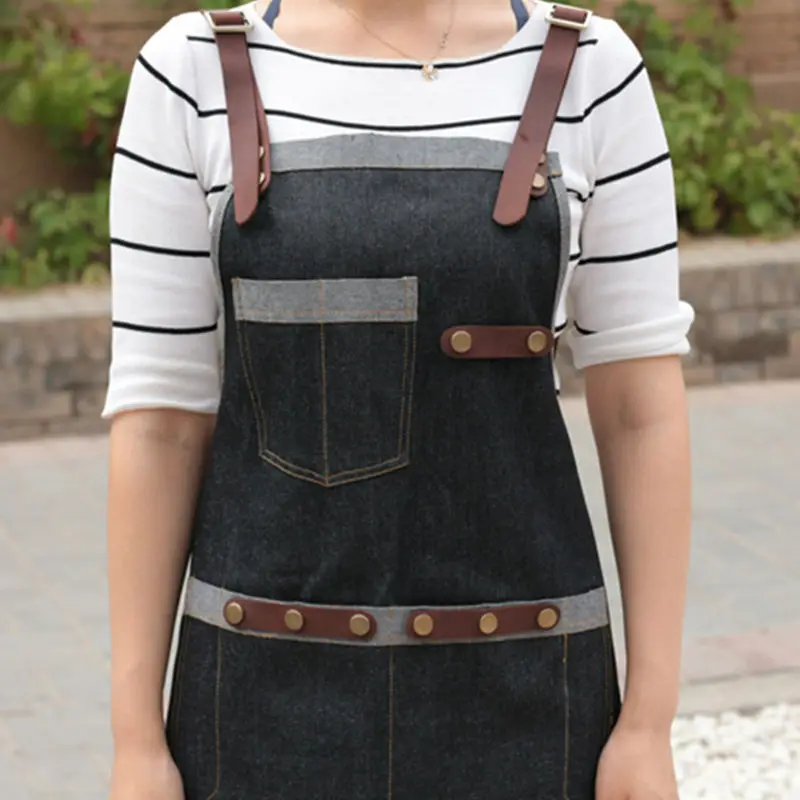
Wholesale Black Denim Long Apron with Leather Strap adjustable apron for restaurant 