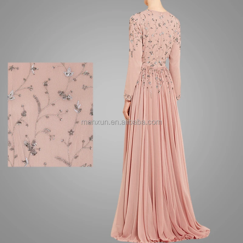 Ladies Dusty Pink And Silver Maxi Dress Women Soft Crepe Long Sleeves Bridesmaid Prom Dress