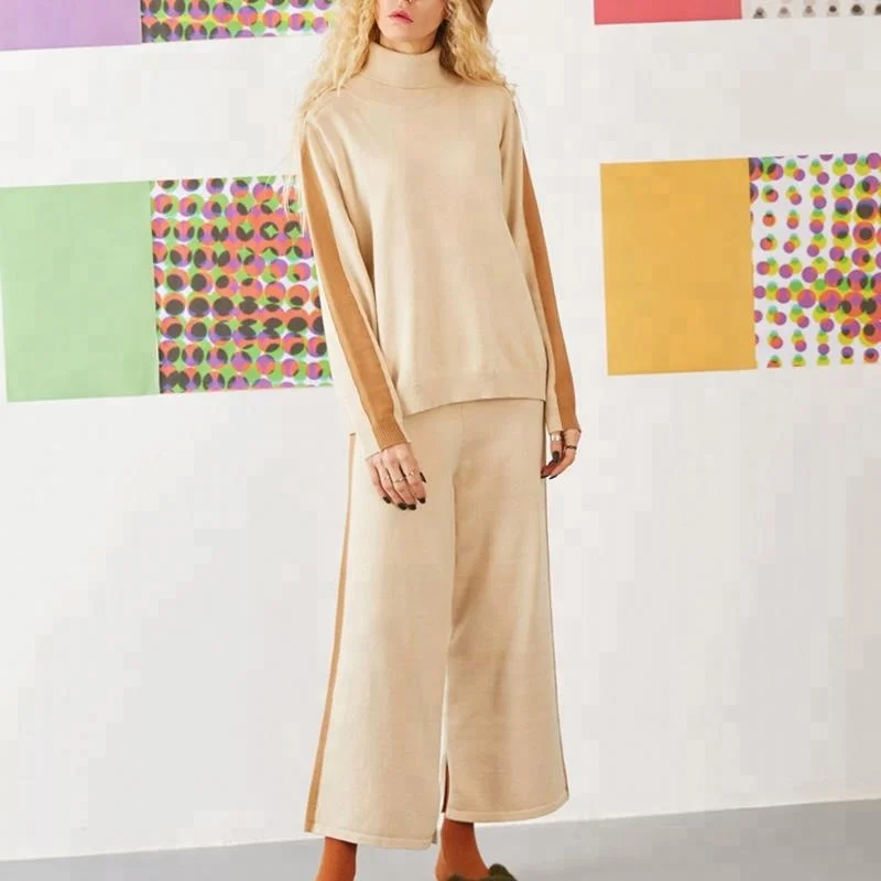 P19B70HX женский зимний кашемировый спортивный модный контрастный костюм с воротником-черепахой и брюками