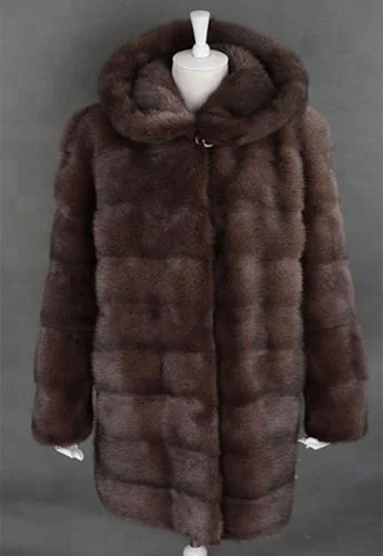 Fashion Natural Brown 90 cm Hooded Long Mink Fur Coat for Women