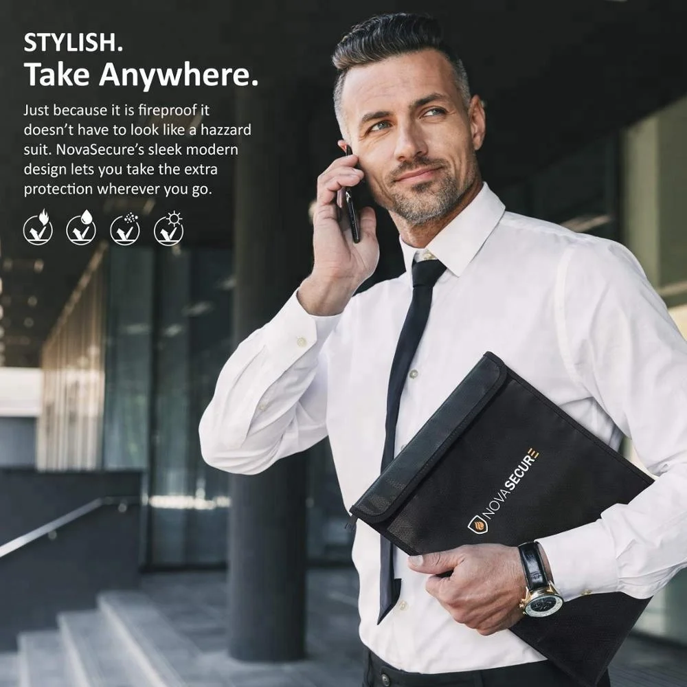 Non Itchy Silicon Coated Fiberglass Water and Fire Resistant Fireproof Document Bag for Money , Documents , Jewelry and Passport