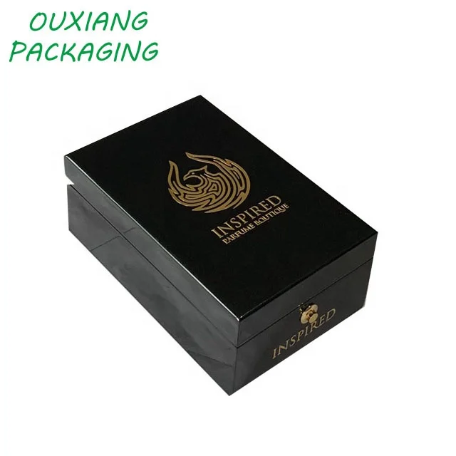 luxury piano black lacquer finish metal sticker logo perfume bottle gift box