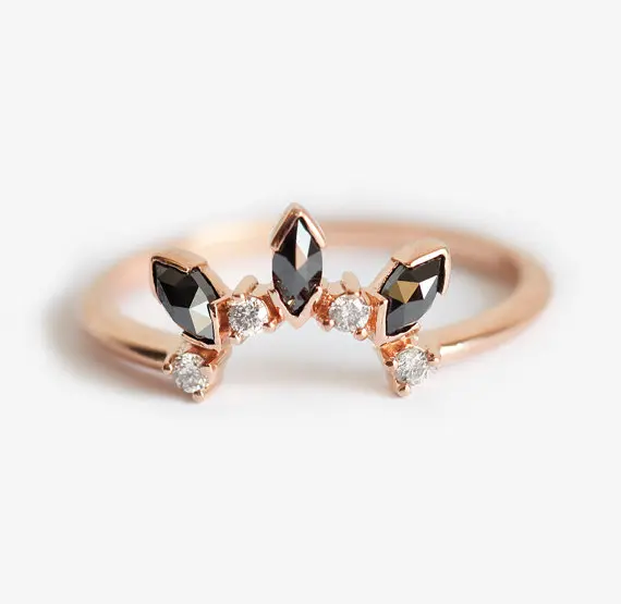 Marquise Cutting Black Spinel Thin Stackable Silver Rings