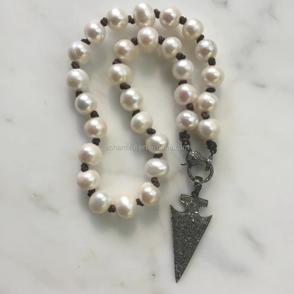 N00198 Pave CZ Clasp Arrow Pearl Knot Beaded Leather Necklace