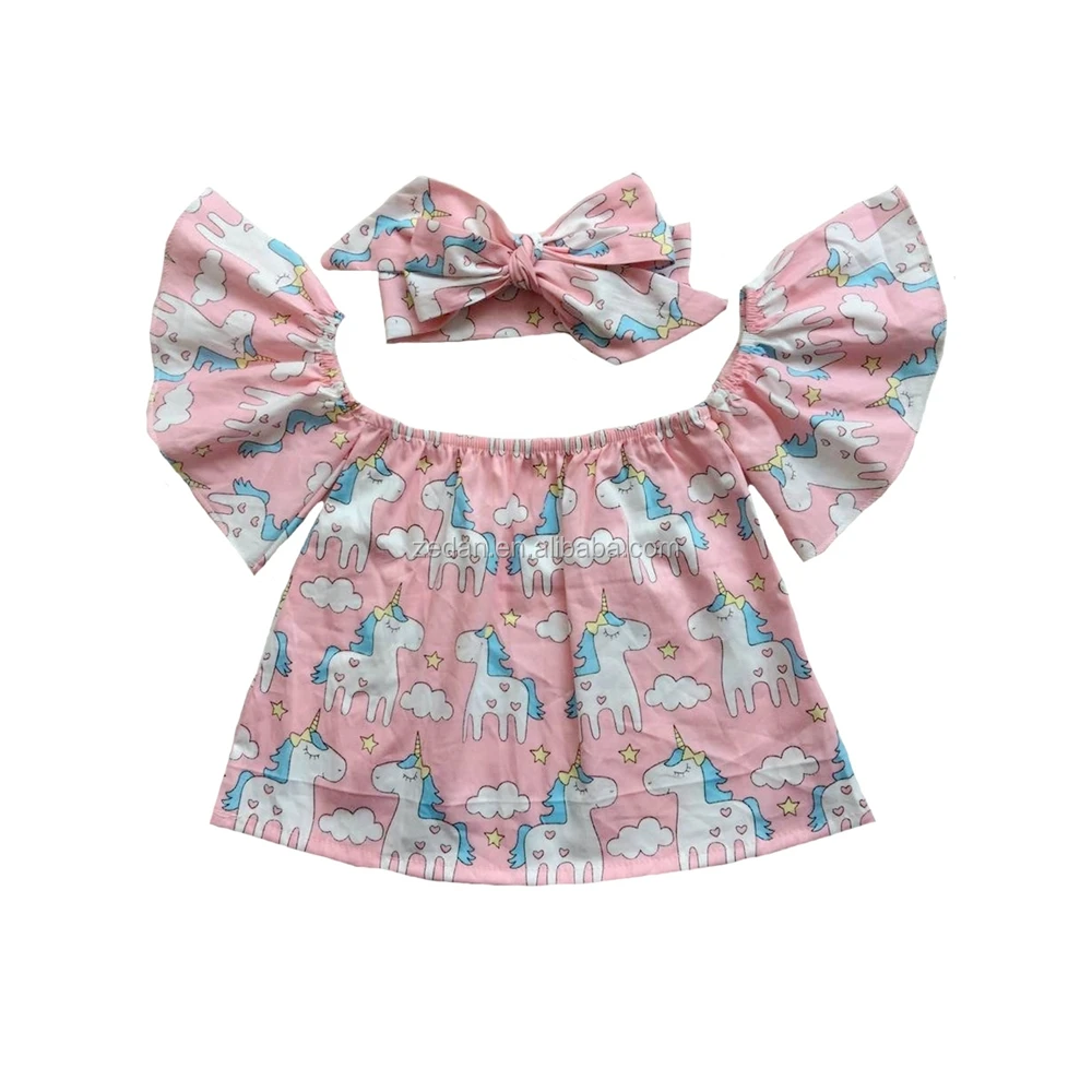 
baby girls Summer off shoulder top matching headband unicorn and rainbow printed cotton t-shirt crop tops 