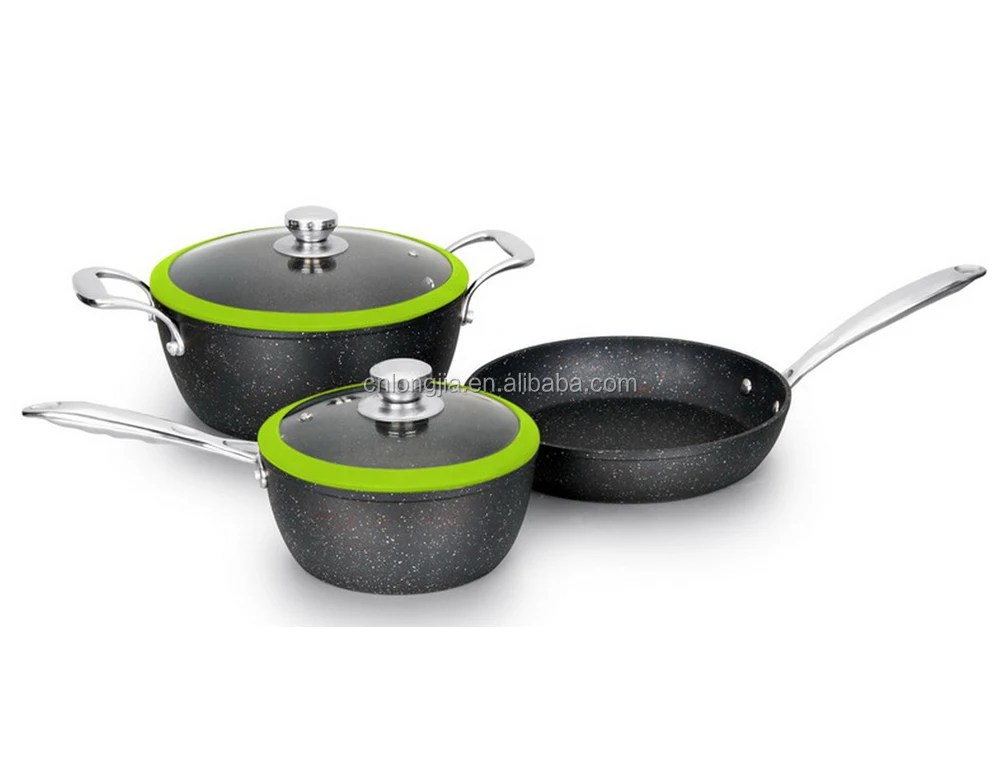 Durable Straight Line Forged Black Marble Stainless Steel Handle Non-stick Cookware Set With Silicone Ring Glass Lid