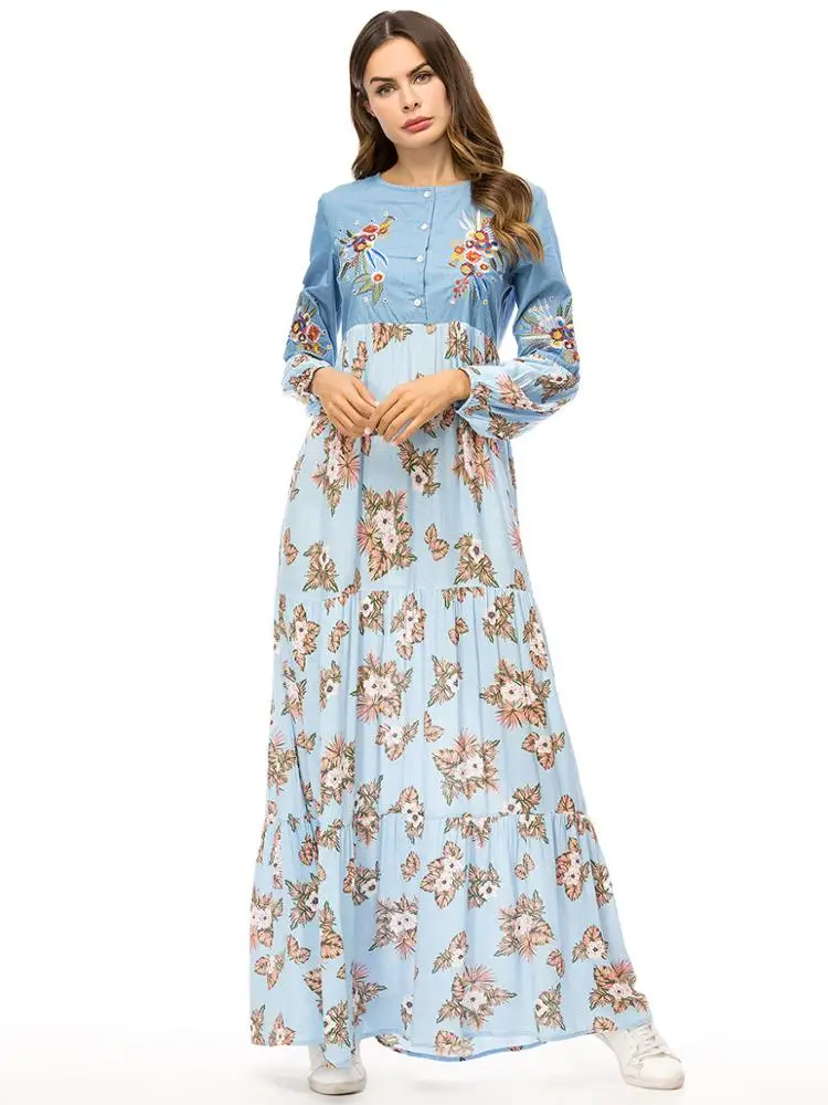 A4267 Elegant Ethnic Floral Long Dress Fashion Contrast Color Block Patchwork Maxi Dresses long Sleeve Muslim Arab Clothes